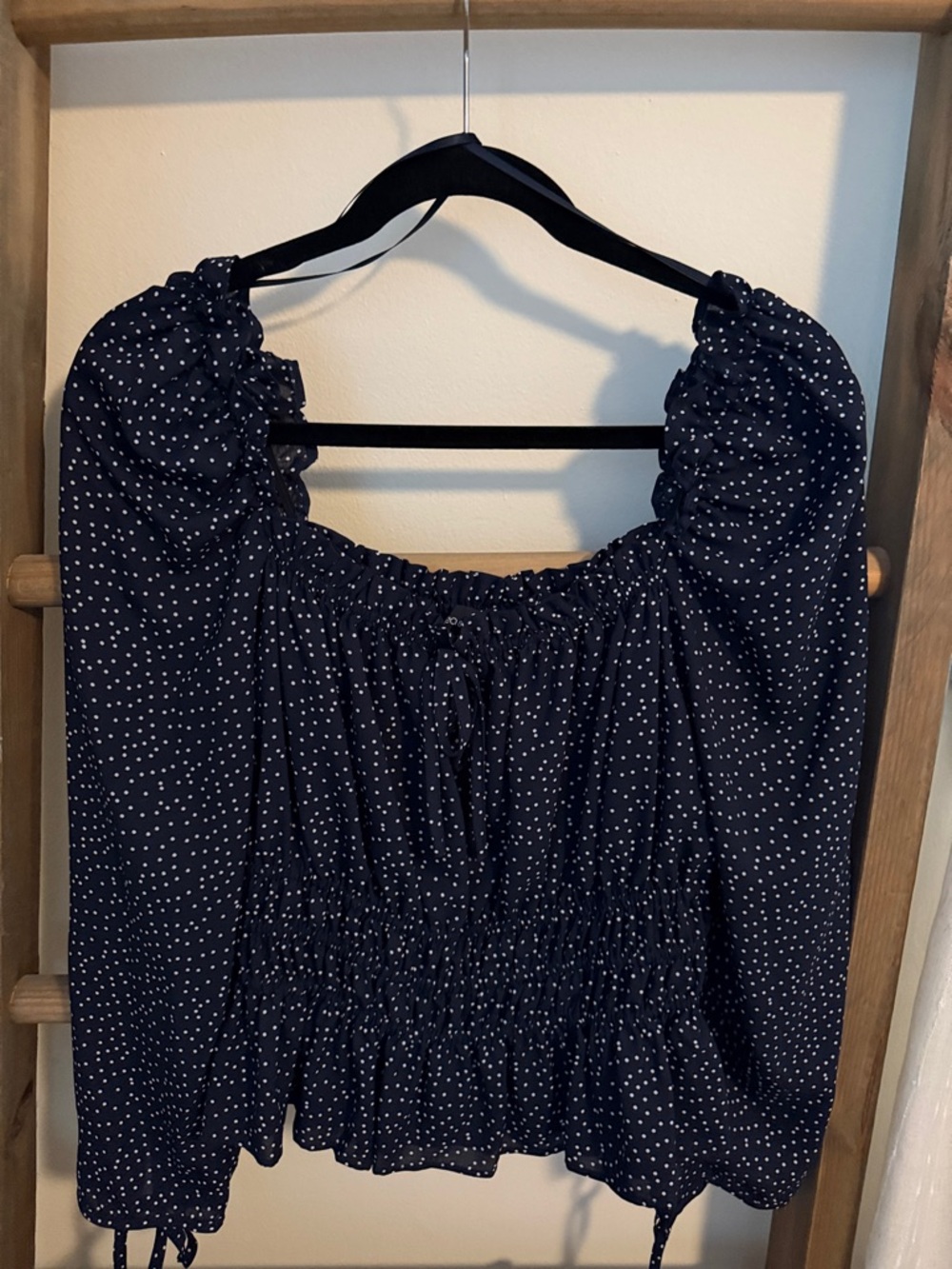 Lea & Viola Navy Blue Polka Dot Smocked Waist Blouse